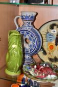 A STUDIO POTTERY CHARGER AND THREE OTHER PIECES OF POTTERY, comprising a circular terracotta charger