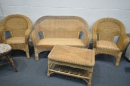 A WICKER CONSERVATORY SUITE, comprising a sofa, pair of armchairs, and a coffee table, along with