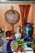 A SMALL GROUP OF COLOURED GLASSWARE, including a Wedgwood elephant paperweight, a late 19th