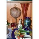 A SMALL GROUP OF COLOURED GLASSWARE, including a Wedgwood elephant paperweight, a late 19th