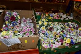 THREE BOXES OF OVER SEVENTY BONE CHINA FLORAL ORNAMENTS, to include Coalport, Aynsley, Thorley,