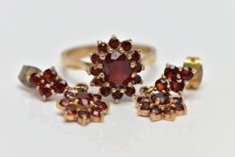 A 9CT GOLD GARNET RING AND EARRINGS, a cluster ring designed as an oval cut garnet, set with