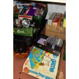 THREE BOXES OF BOOKS, GAMES AND SUNDRY ITEMS, to include a copper kettle, binoculars, Mousetrap,