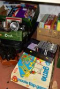 THREE BOXES OF BOOKS, GAMES AND SUNDRY ITEMS, to include a copper kettle, binoculars, Mousetrap,