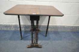 A LATE 19TH CENTURY MAHOGANY SMALL SUTHERLAND TABLE, with canted corners, on turned supports, united