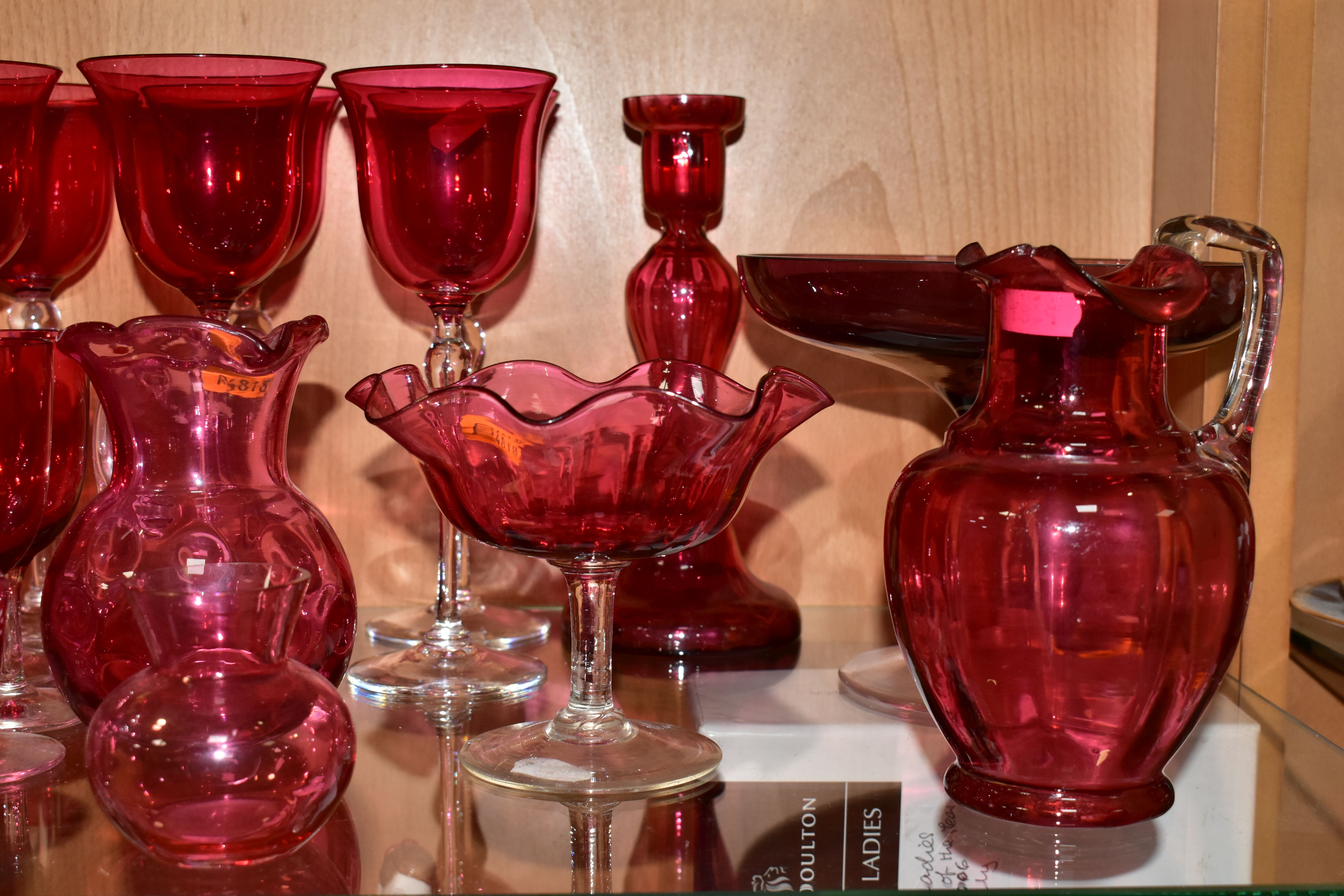 A COLLECTION OF VICTORIAN AND 20TH CENTURY COLOURED GLASSWARE, mostly cranberry glass, including a - Image 3 of 8