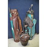 TWO GOLF BAGS AND A BOX OF GOLFING EQUIPMENT, to include a vintage leather golf bag, Ozzi golf bag