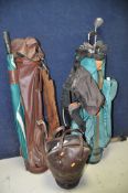 TWO GOLF BAGS AND A BOX OF GOLFING EQUIPMENT, to include a vintage leather golf bag, Ozzi golf bag