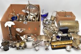 A BOX OF SILVER PLATED AND WHITE METAL WARE, to include a middle eastern style white metal tea