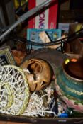 TWO BOXES AND A WICKER BASKET CONTAINING ASSORTED SUNDRY ITEMS ETC, to include two vintage
