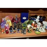A GROUP OF ASSORTED CERAMIC, METAL AND PLASTER ORNAMENTS INCLUDING A BESWICK 'RUPERT THE BEAR', a
