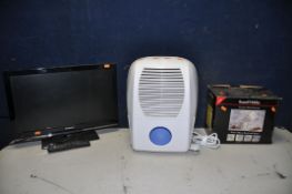 A POLAROID P22LEDDVD12 22in TV with remote along with an Argos MDT-10DMN3 dehumidifier and a Russell