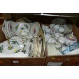 TWO BOXES OF HAND PAINTED CHINA TEAWARES, to include several part tea sets, cake stands, milk