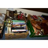 SIX BOXES OF BOOKS, LPS, METALWARE, TREEN AND HOUSEHOLD SUNDRY ITEMS, to include a large brass