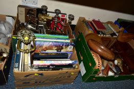 SIX BOXES OF BOOKS, LPS, METALWARE, TREEN AND HOUSEHOLD SUNDRY ITEMS, to include a large brass