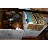THREE BOXES OF LPS AND COPPER METALWARE, to include a copper spirit kettle, copper spirit coffee