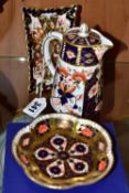 THREE ROYAL CROWN DERBY IMARI PATTERN ITEMS, comprising a hot milk jug and cover, height 14cm, a