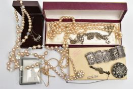 A COLLECTION OF WHITE METAL AND COSTUME JEWELLERY, to include an early 20th century novelty bar