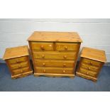 A PINE CHEST OF TWO SHORT OVER THREE LONG DRAWERS, width 89cm x depth 46cm x height 90cm, along with