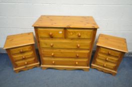 A PINE CHEST OF TWO SHORT OVER THREE LONG DRAWERS, width 89cm x depth 46cm x height 90cm, along with