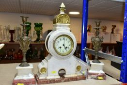 A LATE 19TH CENTURY WHITE MARBLE MATCHED CLOCK GARNITURE, the clock is of architectural form with