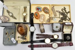 A SELECTION OF WHITE METAL, COSTUME JEWELLERY AND WATCHES, to include a silver Ingot, hallmarked