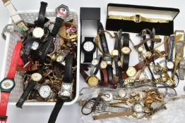 A BOX OF ASSORTED WRISTWATCHES, a various assortment of ladies and gents wristwatches and watch