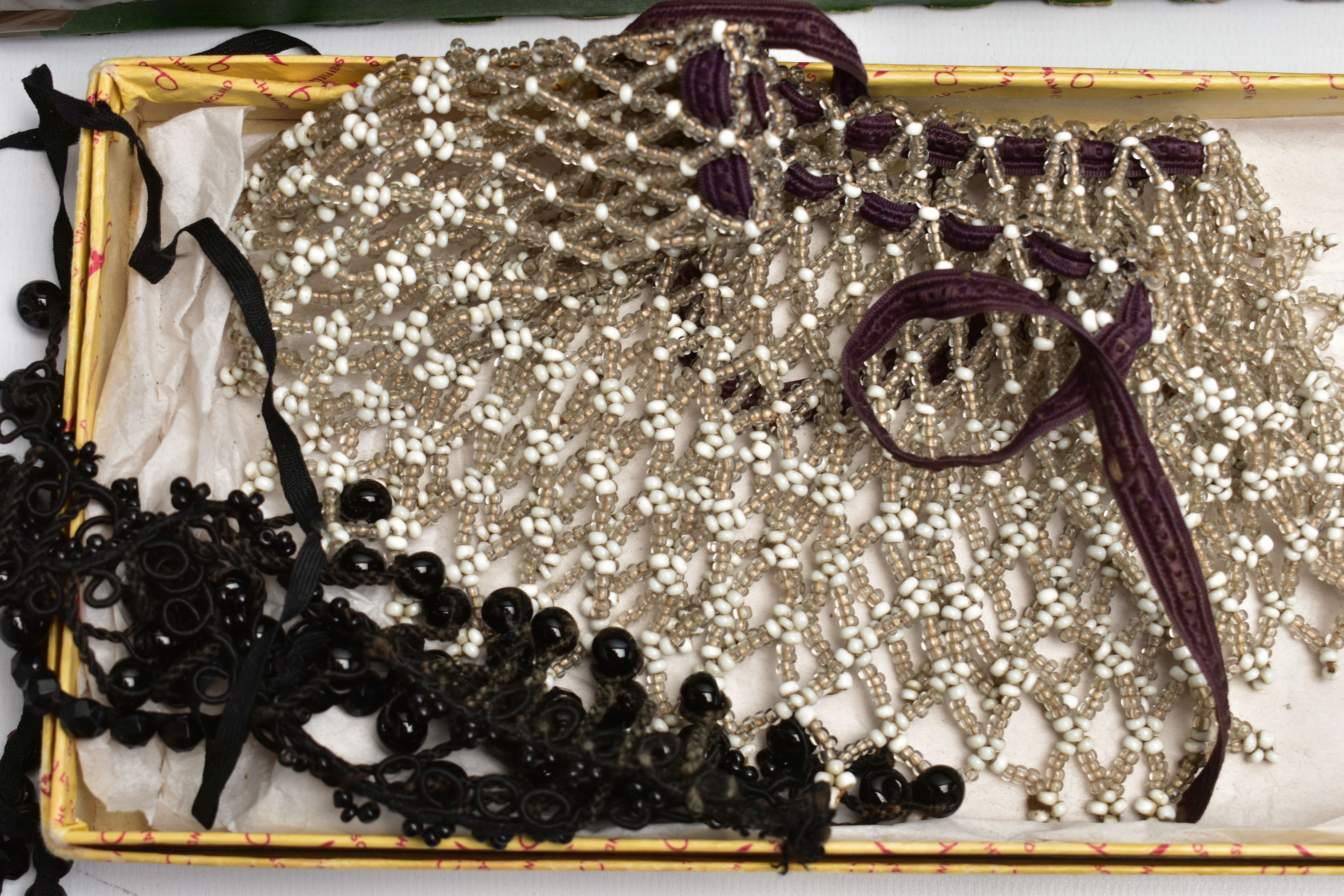 A BOX OF HABERDASHERY ACCESSORIES AND COSTUME JEWELLERY, to include a black beaded flapper girl head - Image 6 of 8