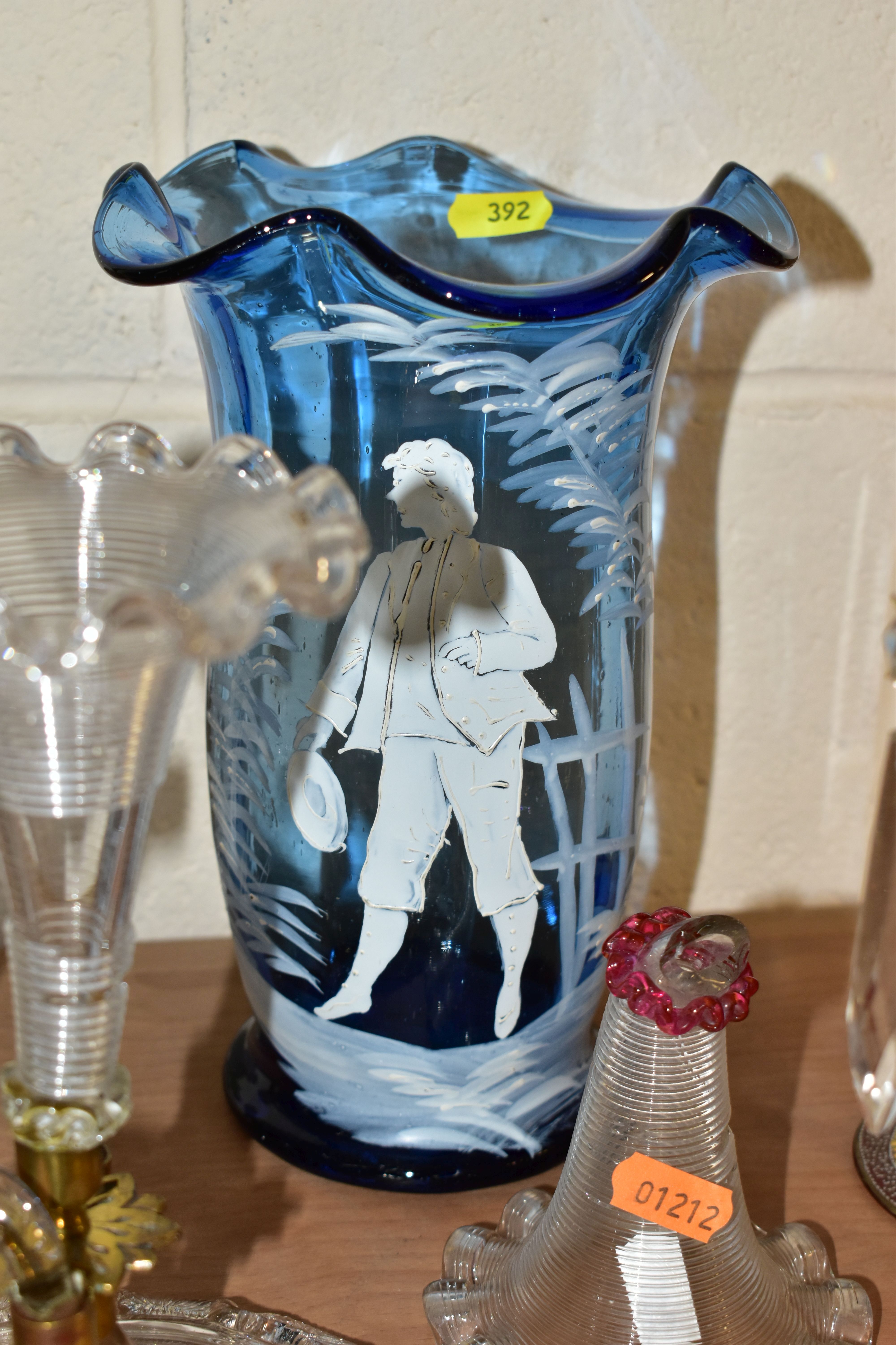 A PAIR OF IRIDESCENT LUSTRES AND OTHER LATE 19TH AND 20TH CENTURY GLASSWARE, including a Mary - Image 6 of 8
