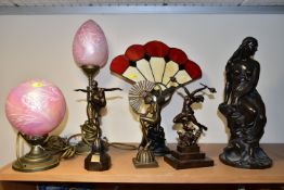 SIX ART DECO STYLE BRONZED RESIN AND METAL TABLE LAMPS AND FIGURES AND ANOTHER BRONZED FIGURE, the