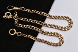 A 9CT GOLD DOUBLE ALBERT CHAIN, graduated albert chain, each link stamped 9.375, to the centre is