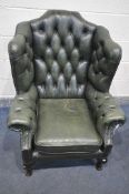 A GREEN LEATHER BUTTONED CHESTERFIELD ARMCHAIR, on front cabriole legs, width 83cm x depth 88cm x