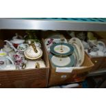 THREE BOXES OF CERAMICS, TEAPOTS AND TEAWARES, to include eleven teapots, china cake stands, spare
