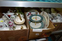 THREE BOXES OF CERAMICS, TEAPOTS AND TEAWARES, to include eleven teapots, china cake stands, spare