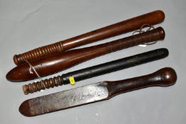 TRUNCHEONS & COSHES, two late Victorian /early Edwardian wooden truncheons and two coshes from the