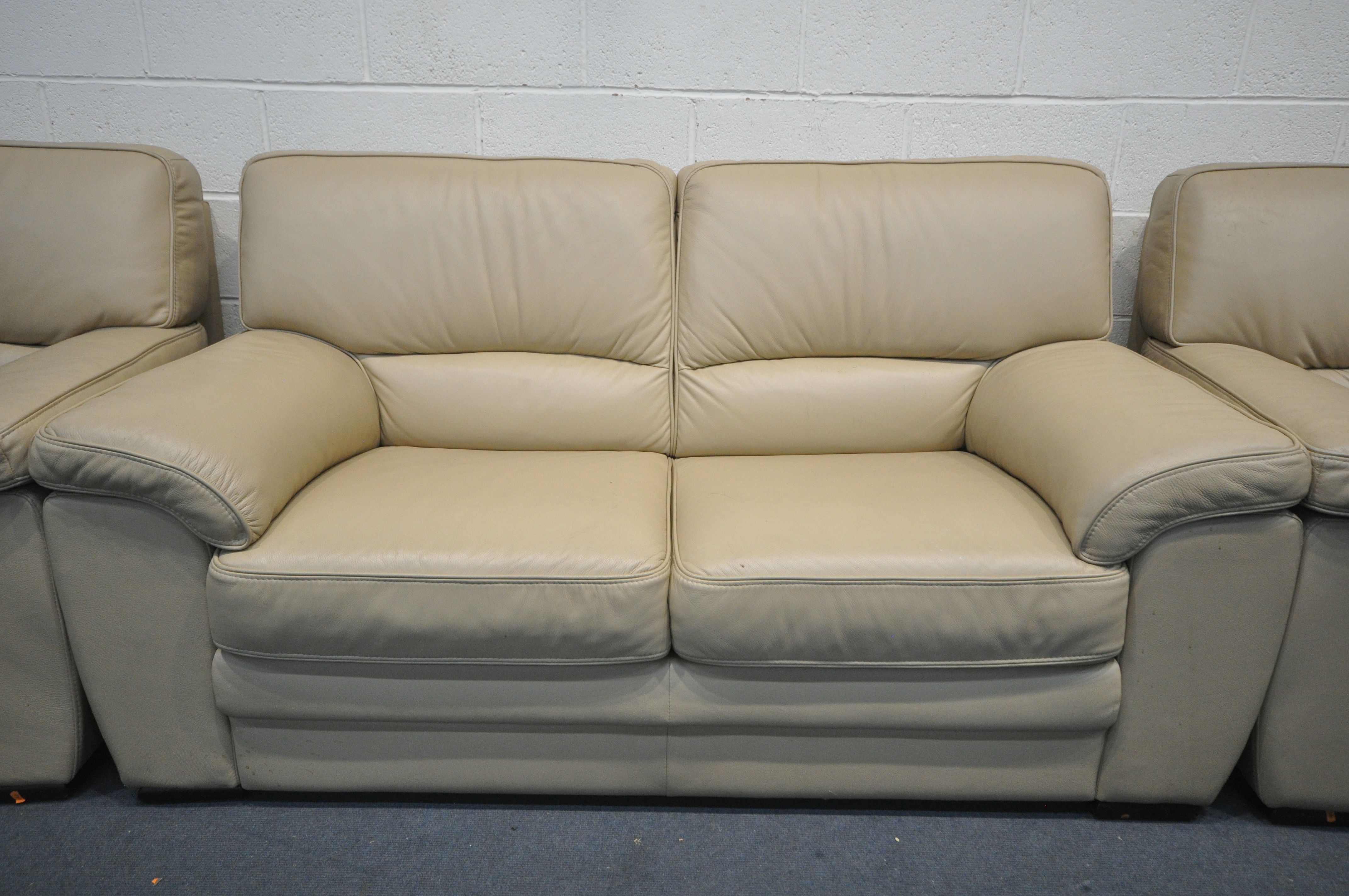 A CREAM LEATHER THREE PIECE LOUNGE SUITE, comprising a two seater settee, length 174cm x depth - Image 2 of 3