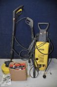 A KARCHER K3.99 PRESSURE WASHER with lance and rotary patio cleaner, and a Absaar battery charger (