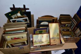 FIVE BOXES OF ASSORTED PRINTS AND WATER COLOURS, to include two early 20th Century water colour