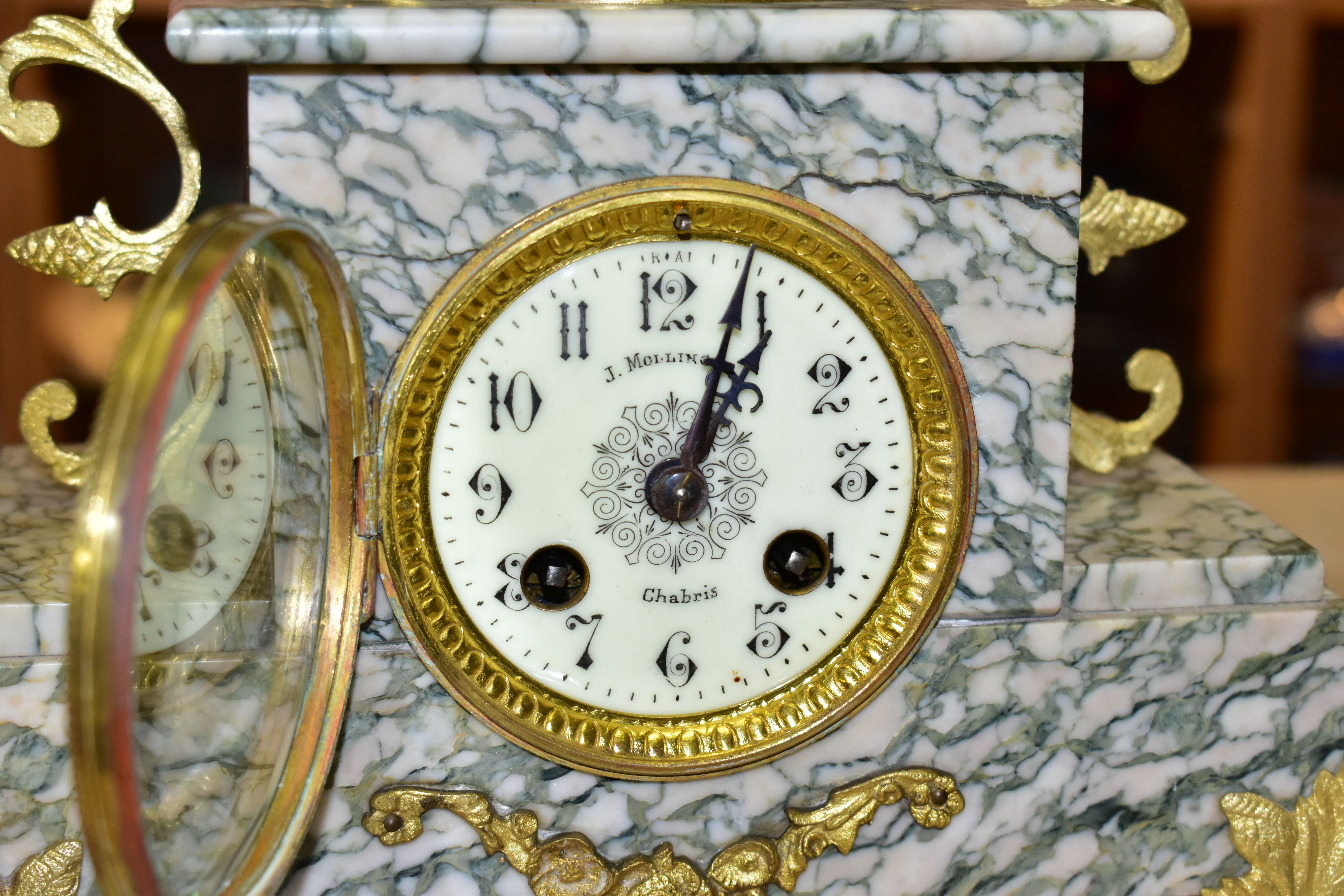 A LATE 19TH CENTURY GREY / GREEN VEINED MARBLE FIGURAL MANTEL CLOCK, surmounted with a fisherman - Image 2 of 6