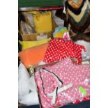 BOXES OF CUSHIONS AND BAGS, including two satchel handbags (in packaging), cushion pads,