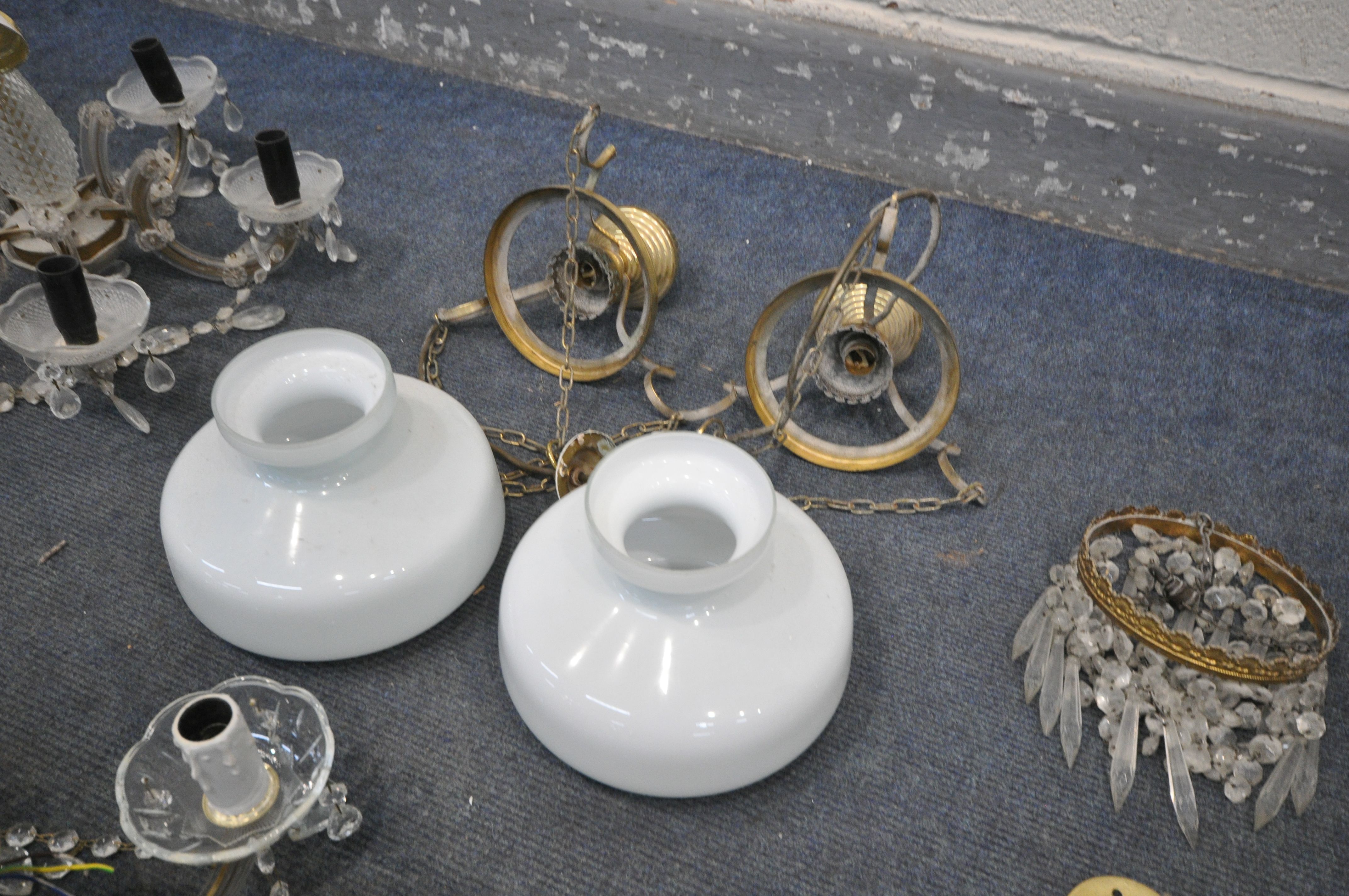 A SELECTION OF LIGHTING, to include a pair of brass ceiling lights with white shades, two - Image 2 of 3