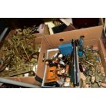 BRASS, METALWARE & WOOD, five boxes containing a mixed collection of brassware (picture frames,