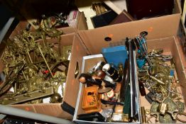 BRASS, METALWARE & WOOD, five boxes containing a mixed collection of brassware (picture frames,
