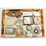 A BOX OF ASSORTED ITEMS, to include a Victorian polished clam shell purse, a large oval faux