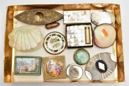 A BOX OF ASSORTED ITEMS, to include a Victorian polished clam shell purse, a large oval faux