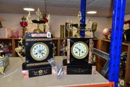 TWO LATE 19TH CENTURY BLACK SLATE MANTEL CLOCKS, both with enamel dials, Arabic numerals, 8 day