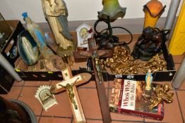 TWO BOXES OF DECORATIVE TABLE LAMPS, GILT CHERUB WALL ORNAMENTS, CRUCIFIXES, ETC, including two