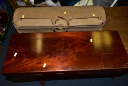 A FLAME MAHOGANY DOUBLE VIOLIN CASE with top and tail apertures for 14in bodied violins, four