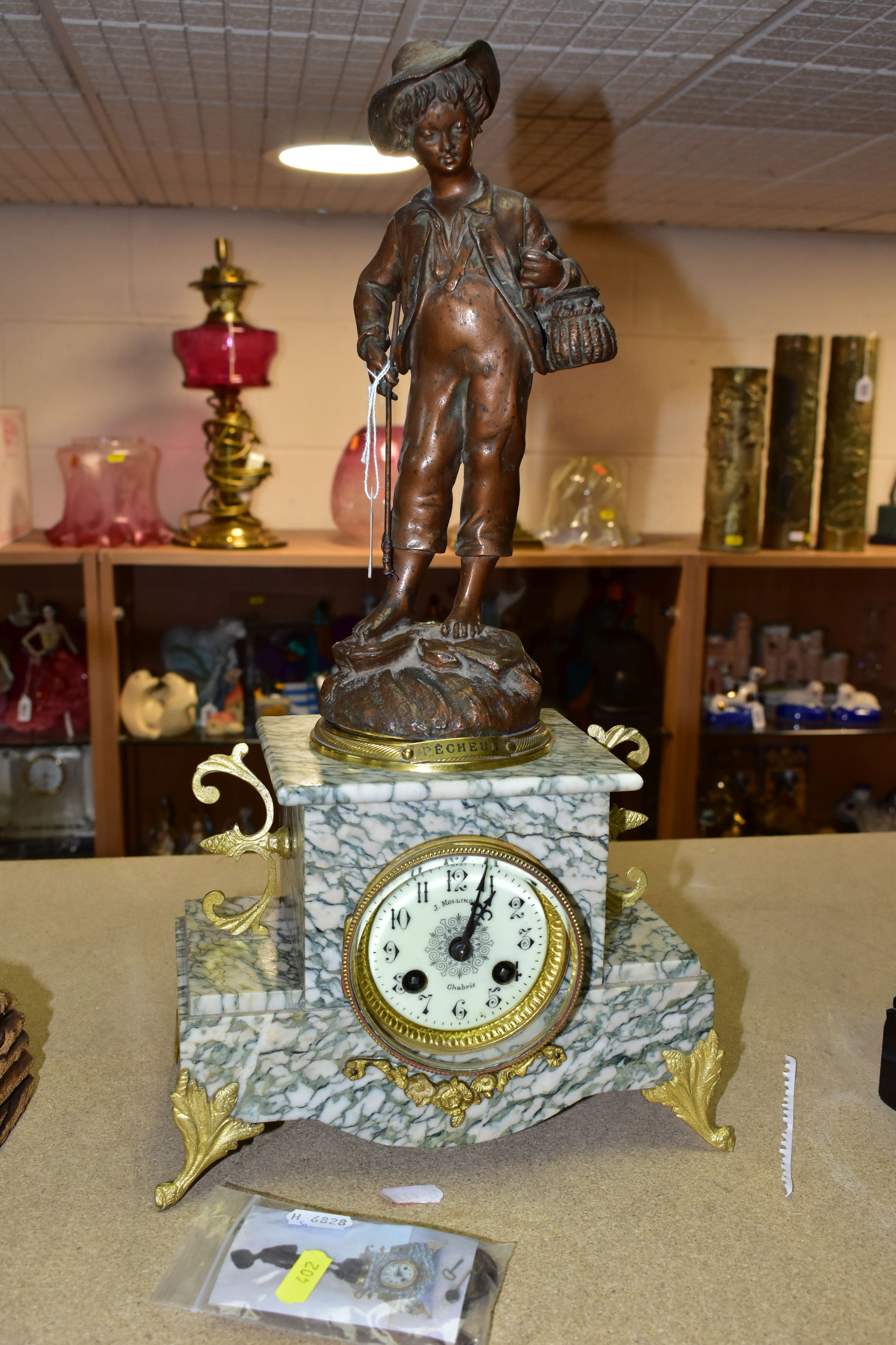 A LATE 19TH CENTURY GREY / GREEN VEINED MARBLE FIGURAL MANTEL CLOCK, surmounted with a fisherman