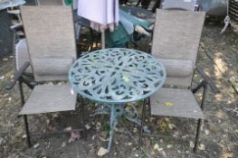 AN ALUMIUNIUM CIRCULAR GARDEN TABLE, diameter 79cm x height 81cm, and two Royal craft folding chairs